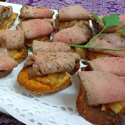 Lamb Roast Chilli Caramelised Onion Crostini